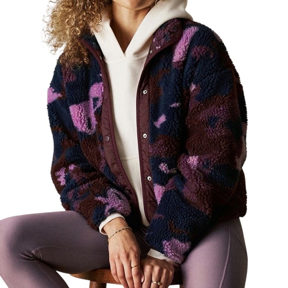 Fabletics Tahoe Teddy Fleece Jacket Snap Front Camo Merlot Black Pink L bv